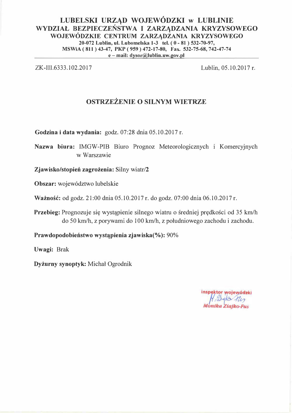 Zjawisko/stopień zagrożenia: Silny wiatr/2 Obszar: województwo lubelskie