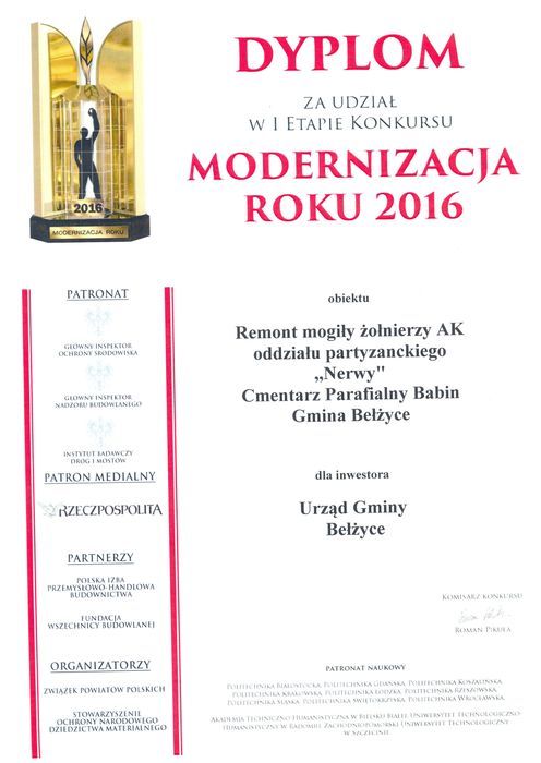 
                                                    Dyplom za udział w pierwszym etapie konkursu Modernizacja Roku 2016 
                                                