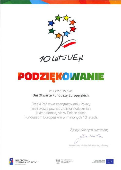 
                                                    10 lat w UE.pl - Podziękowanie za udział w akcji Dni Otwarte Funduszy Europejskich
                                                