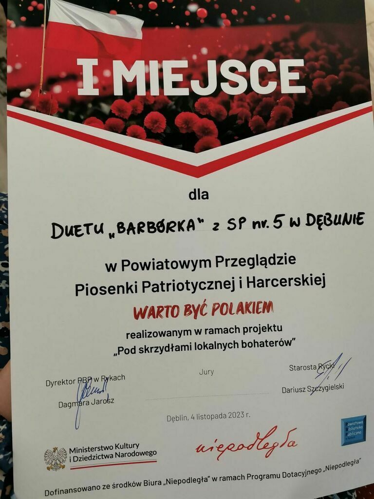 
                                                    Konkurs piosenki patriotycznej 2023 - dyplom uczennic z zespołu Barbórka z SP5
                                                