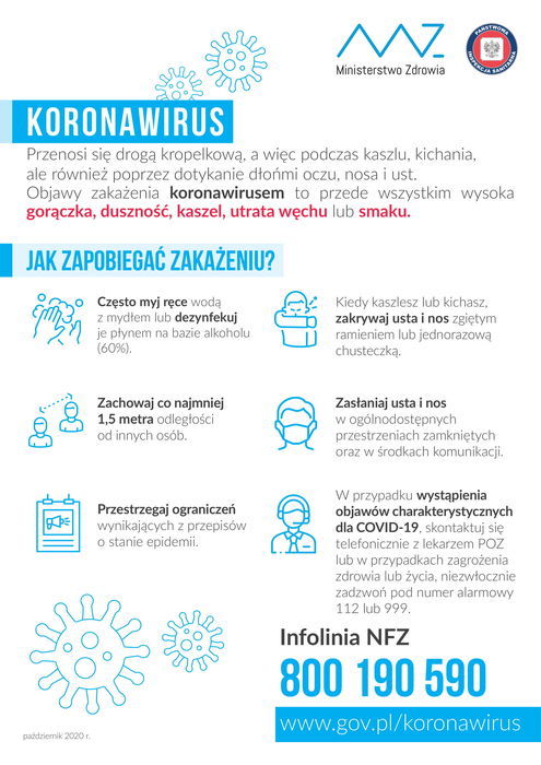 
                                                    Plakat informacyjny Ministerstwo Zdrowia KORONAWIRUS Przenosi się drogą kropelkową, a więc podczas kaszlu, kichania, ale również poprzez dotykanie dłońmi oczu, nosa i ust. Objawy zakażenia koronawirusem to przede wszystkim wysoka gorączka, duszność, kaszel, utrata węchu lub smaku. JAK ZAPOBIEGAĆ ZAKAŻENIU? Często myj ręce wodą z mydłem lub dezynfekuj je płynem na bazie alkoholu (60%). Kiedy kaszlesz lub kichasz, zakrywaj usta i nos zgiętym ramieniem lub jednorazową chusteczką. Zachowaj co najmniej 1,5 metra odległości od innych osób. Zastania usta i nos w ogólnodostępnych przestrzeniach zamkniętych oraz w środkach komunikacji. W przypadku wystapienia objawów charakterystycznych dla COVID-19, skontaktuj się telefonicznie z lekarzem POZ lub w przypadkach zagrożenia zdrowia lub życia, niezwłocznie zadzwoń pod numer alarmowy 112 lub 999. Przestrzegaj ograniczeń wynikających z przepisów o stanie epidemii. Infolinia NFZ 800 190 590 www.gov.pl/koronawirus paździenik 2020r.
                                                