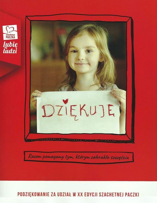 
                                                    Plakat z dziewczynką trzymającą kartkę DZIĘKUJE
                                                