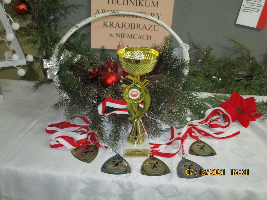 Na zdjęciu puchar i medale na tle świątecznych stroików.