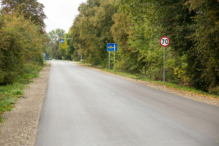 droga asfaltowa, na poboczu znak ograniczający prędkość do 70 km/gpdz.