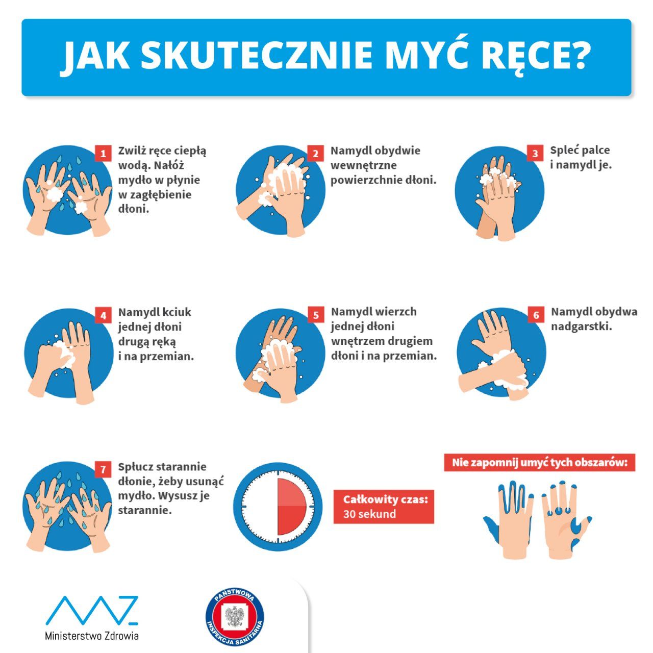 JAK SKUTECZNIE MYĆ RĘCE? 3 Spleć palce i namydl je. 1 Zwilż ręce ciepłą wodą. Nałóż mydło w płynie w zagłębienie dłoni. Namydl obydwie wewnętrzne powierzchnie dłoni. Namydl kciuk jednej dłoni drugą ręką i na przemian.  Namydl wierzch jednej dłoni wnętrzem drugiem dłoni i na przemian.  Namydl obydwa nadgarstki. Nie zapomnij umyć tych obszarów: Spłucz starannie dłonie, żeby usunąć mydło. Wysusz je starannie. Całkowity czas: 30 sekund INSPEKCJA Zdrowia