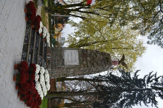 
                                                    Pomnik, wokół biało-czerwone chryzantemy
                                                