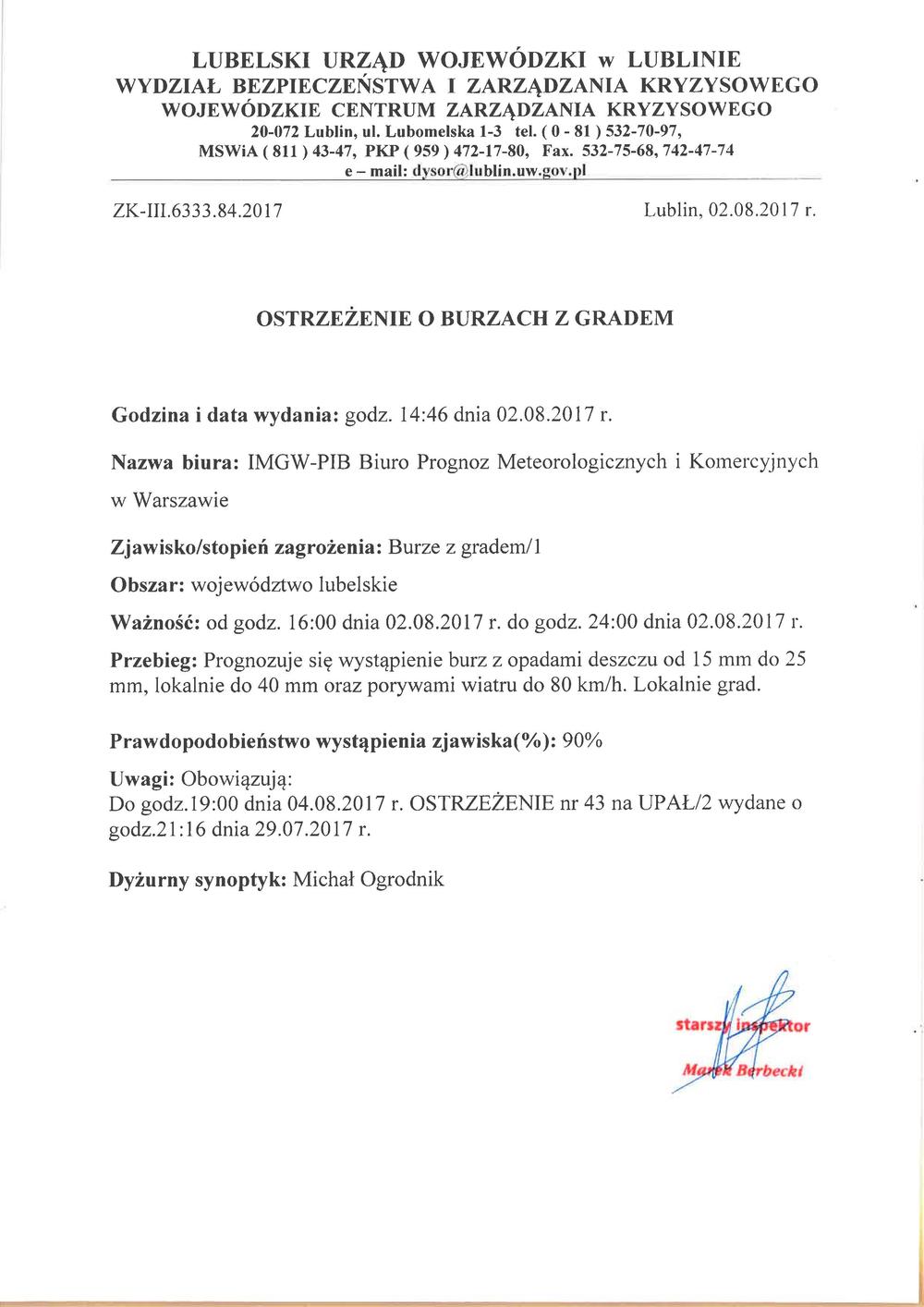 Ostrzeżenie o burzach z gradem z dn. 2.08.2017 r.