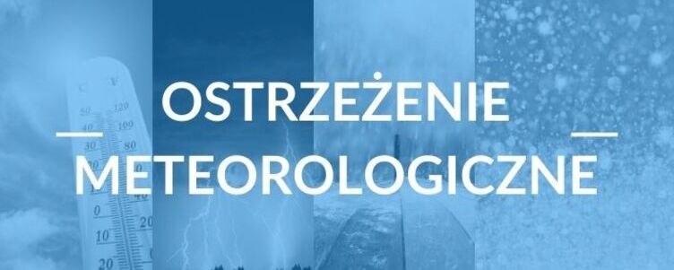 Baner z napisem "OSTRZEŻENIE METEOROLOGICZNE" rozłożony na tle zdjęć przedstawiających różne warunki pogodowe, takie jak burza śnieżna i burze.