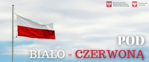 Baner Flaga polski z logotypami i napisem POD BIAŁO CZERWONĄ
