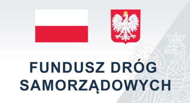 Flaga i godło Polski z napisem Fundusz Dróg Samorządowych