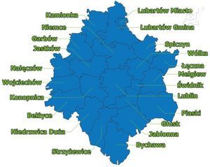 Mapa lubelskiego Obszaru Metropolitalnego z zaznaczonymi gminami.