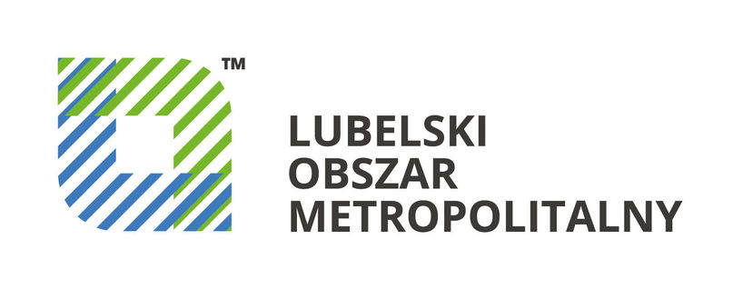 Grafika przedstawia logo składające się z pasów zielono-niebieskich w kwadracie z zaokrąglonymi dwoma bokami. Obok znajduje się czarny napis Lubelski Obszar Metropolitalny.