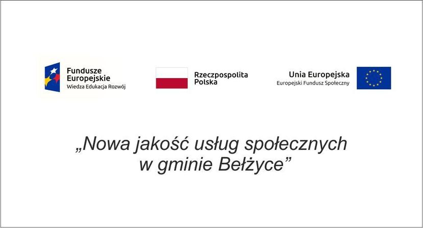 Grafika przedstawia od lewej strony logo Funduszy Europejskich, po środku znajduje się Flaga Polski i napis Rzeczpospolita Polska, po prawej stronie znajduje się flaga Unii Europejskiej i napis Unia Europejska Europejski Fundusz Społeczny. Poniżej znajduje się napis: „Nowa jakość usług społecznych
 w gminie Bełżyce”