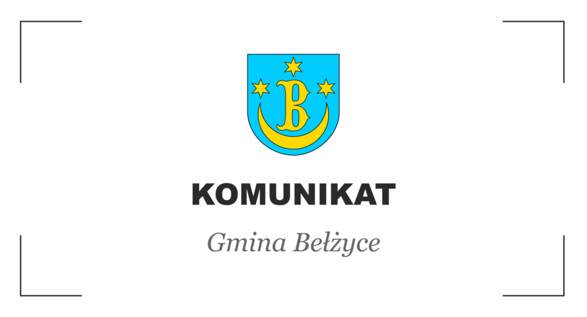 Herb Bełżyc z napisem koloru czarnego Komunikat, pod spodem napis Gmina Bełżyce.