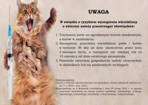 Grafika przedstawia plakat dotyczący wścieklizny u zwierząt. Po lewej stronie widnieje zdjęcie kota i strzykawki. Po prawej znajduje się opis