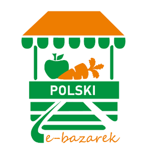 Logo "POLSKI e-bazarek".  Uproszczona grafika straganu w kolorach zielono pomarańczowym z napisem POLSKI e-bazarek.