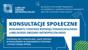 Plakat dotyczący Konsultacji Społecznych dokumentu “Strategia Rozwoju Ponadlokalnego Lubelskiego Obszaru Metropolitalnego do roku 2030”