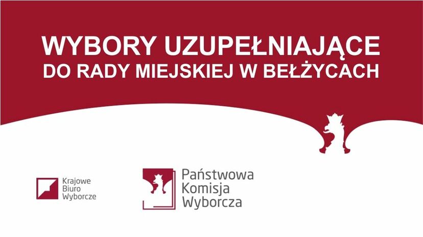 Grafika składa się z dwóch prostokątów, górny koloru czerwonego, dolny koloru białego. Górny prostokąt zawiera biały napis następującej treści: Wybory uzupełniające do Rady Miejskiej w Bełżycach. Na białym tle znajdują się dwa loga instytucji Państwowych, pierwszy to Krajowego Biura Wyborczego, drugi Państwowej Komisji Wyborczej.