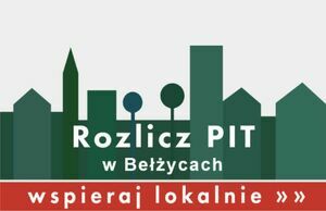 Grafika zawiera kwadratowe domy i okrągłe drzewa koloru zielonego. Poniżej czerwony pasek. Na zielonym tle napis Rozlicz PIT w Bełżycach, na tle czerwonym napis wspieraj lokalnie.