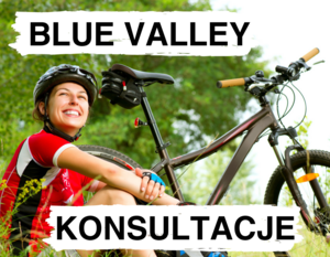 Rowerzystka i napis konsultacje Blue Valley