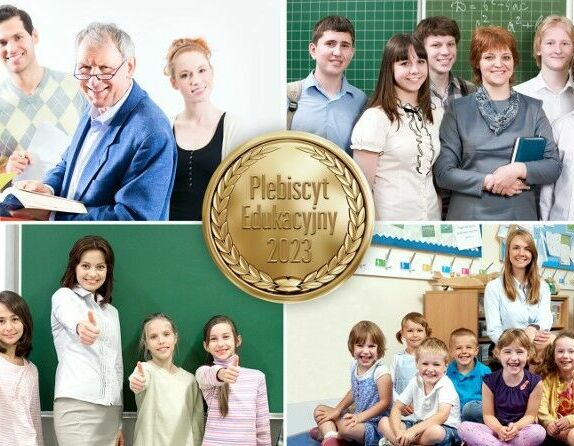 Zdjęcie przedstawia kolaż składający się z czterech mniejszych zdjęć nauczycieli i uczniów w różnorodnych sytuacjach klasowych oraz złoty medal z napisem "Plebiscyt Edukacyjny 2023".