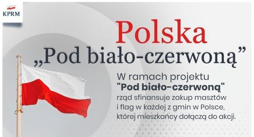 Grafika  KPRM Polska „Pod biało-czerwoną" W ramach projektu "Pod biało-czerwonq" rząd sfinansuje zakup masztów i flag w każdej z gmin w Polsce, której mieszkańcy dołączą do akcji.