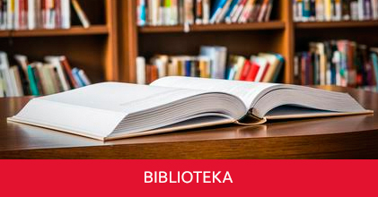 otwarta książka leżąca na stole, w tle regały z książkami, na dole napis biblioteka na czerwonym tle
