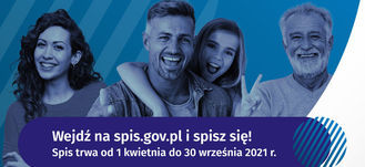 Uśmiechnięci ludzie i napisem Narodowy Spis Powszechny Ludności i Mieszkań 2021