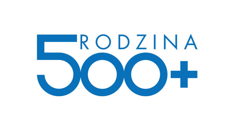 grafika napis niebieski na białym tle Rodzina 500+