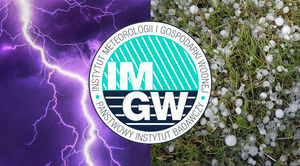 Grafika ogólna burze grad z logo Instytut Meteorologii i Gospodarki Wodnej