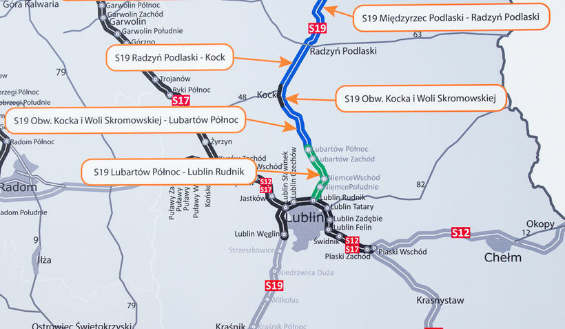 Grafika przedstawia mapę ilustrującą przebieg nowej drogi S19