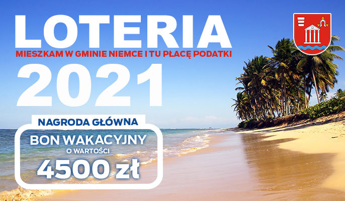 Na zdjęciu plaża w tropikach z napisem Loteria 2021 oraz kwotą nagrody głównej 4500 zł