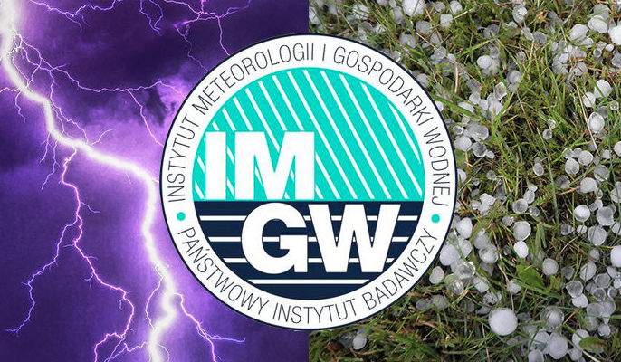 Na zdjęciu logo IMGW na tle błyskawicy i gradu