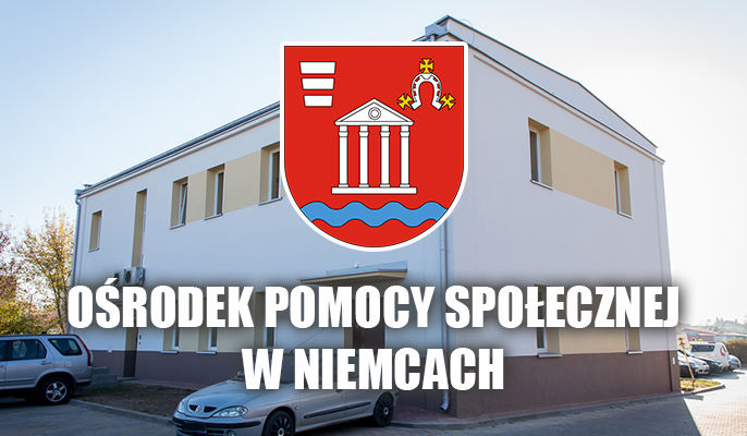 Zdjęcie przedstawia herb Gminy Niemce na tle budynku OPS.