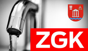 Na zdjęciu herb gminy, napis ZGK na czerwonym tle umiejscowione na grafice przedstawiającej kran z wodą