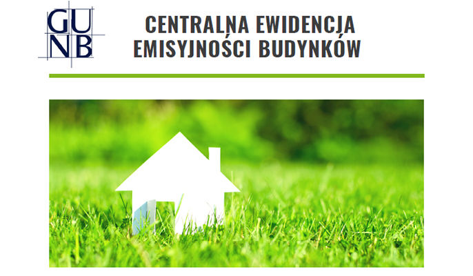 Na zdjęciu domek na trawie i napis centralna ewidencja emisyjności budynków