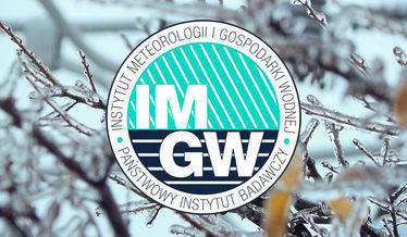 Grafika ogólna - logo IMGW na tle oblodzonych gałęzi
