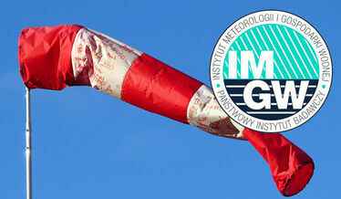 Grafika ogólna silny wiatr z logo IMGW