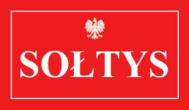 Grafika przedstawia Godło Polski oraz napis "Sołtys" w białych kolorach na czerwonym tle