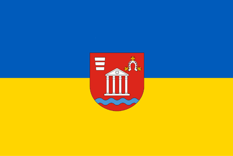 Grafika ogólna- herb gminy Niemce na tle ukraińskiej flagi.