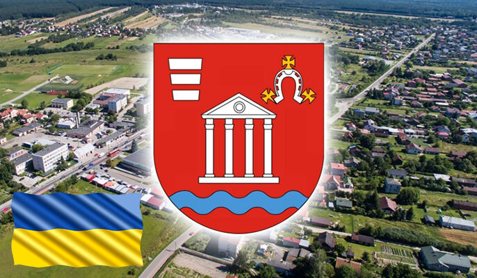 Grafika ogólna herb Gminy Niemce z flagą Ukrainy.