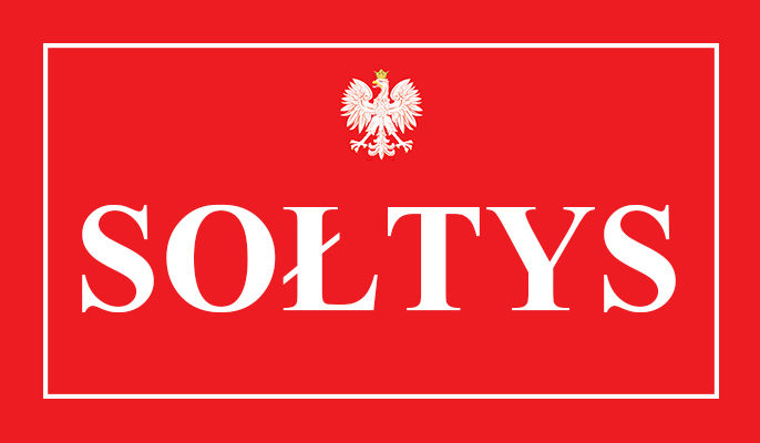Grafika przedstawia Godło Polski oraz napis "Sołtys" w białych kolorach na czerwonym tle