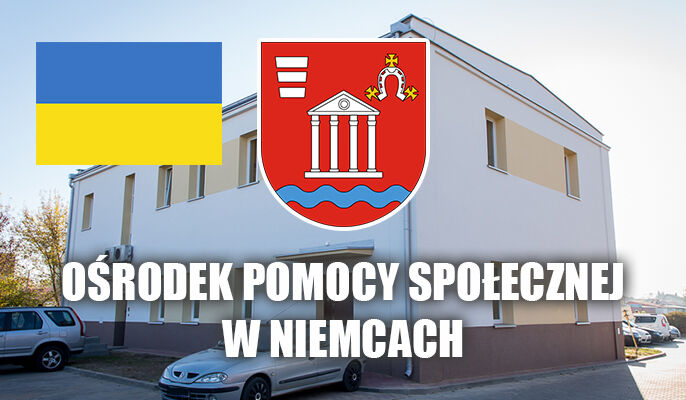 Zdjęcie przedstawia budynek OPS z herbem gminy Niemce i flagą Ukrainy 