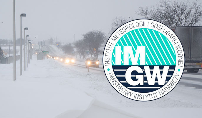 logo IMGW w tle opady śniegu