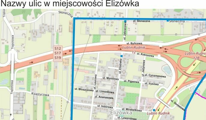 Fragment mapy z nazwami ulic w Elizówce