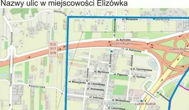 Fragment mapy z nazwami ulic w Elizówce