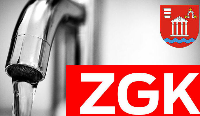 Obraz przedstawia kran z lejącą się wodą oraz logo gminy jak również napis ZGK.