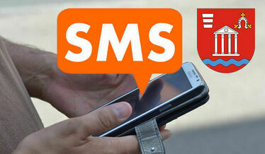 Grafika ilustracyjna telefon, herb, napis SMS