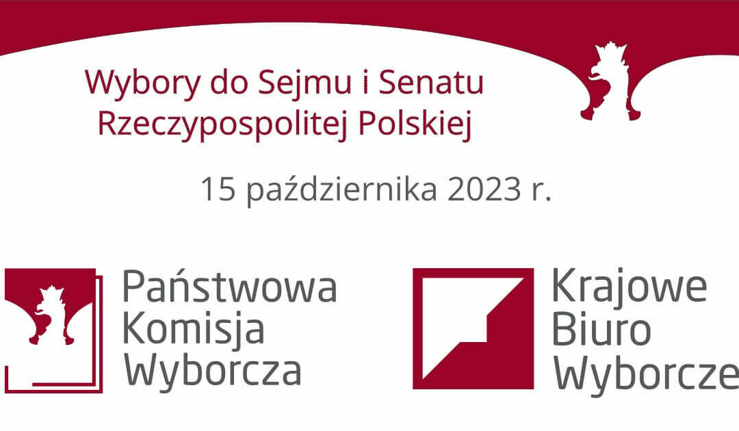 Logo Państwowej Komisji Wyborczej oraz Krajowego Biura Wyborczego oraz napis Wybory do Sejmu i Senatu Rzeczypospolitej Polskiej 15 października 2023 r.