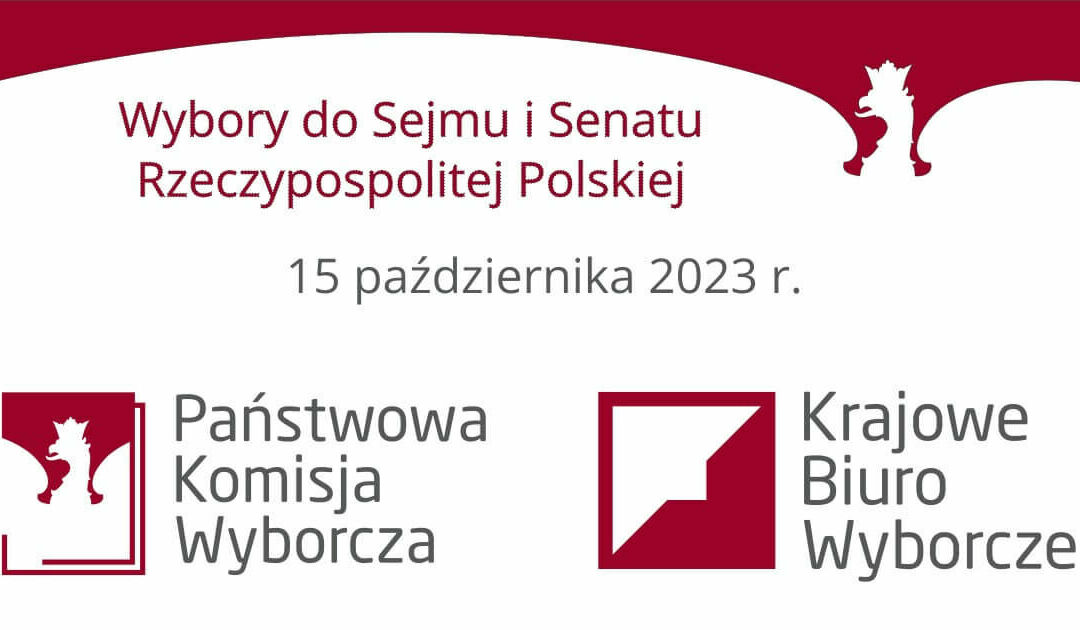 Logo Państwowej Komisji Wyborczej oraz Krajowego Biura Wyborczego oraz napis Wybory do Sejmu i Senatu Rzeczypospolitej Polskiej 15 października 2023 r.